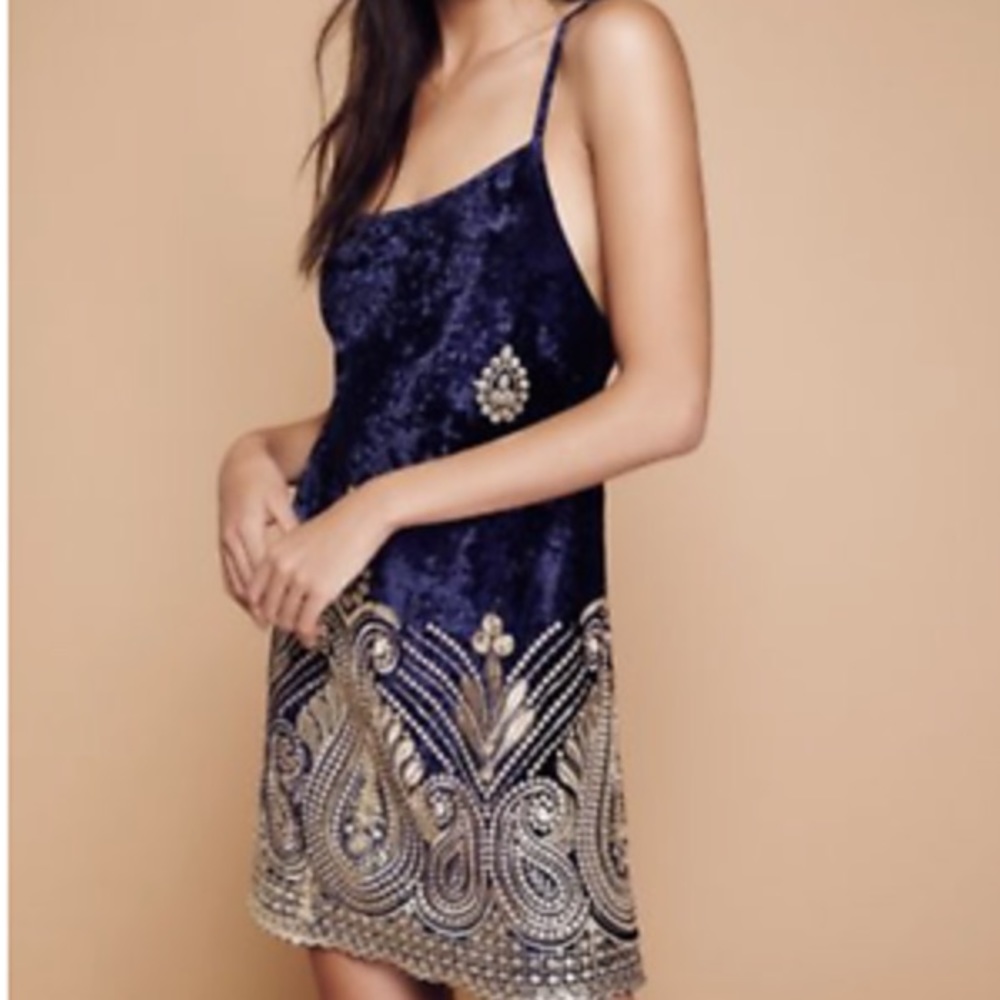 Free People Navy Blue Velvet Slip Dress with Gold Beaded Embroidery